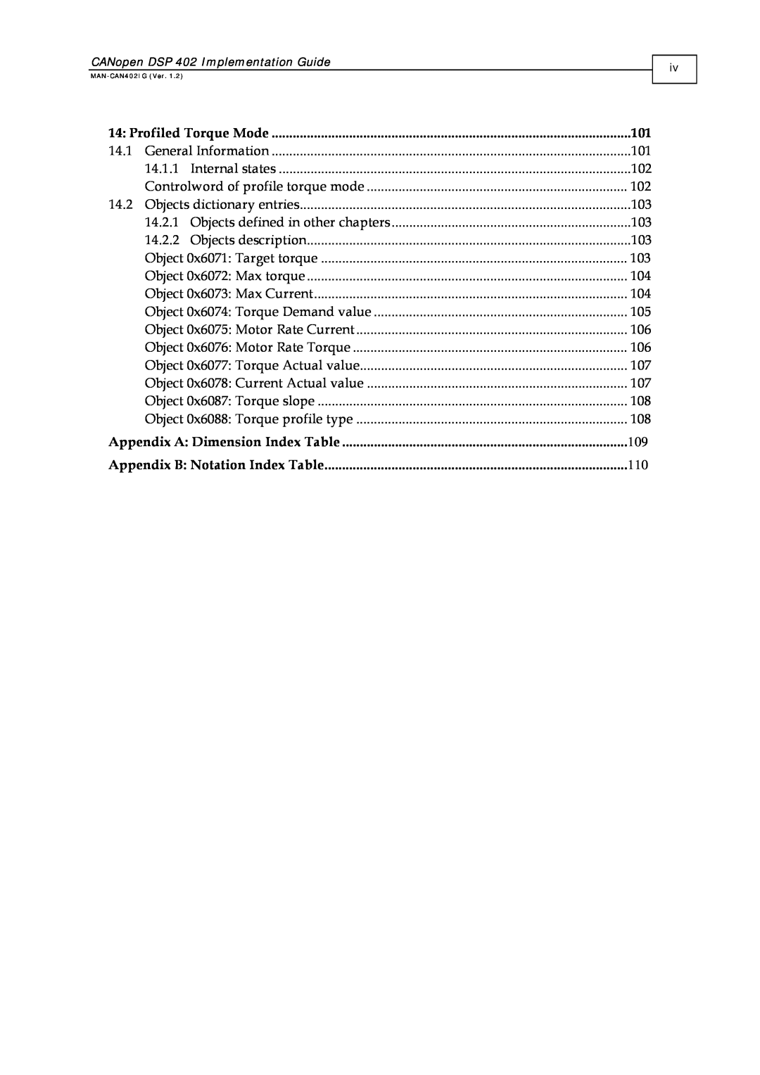 Elmo DSP 402 manual Profiled Torque Mode, Appendix A Dimension Index Table, Appendix B Notation Index Table 