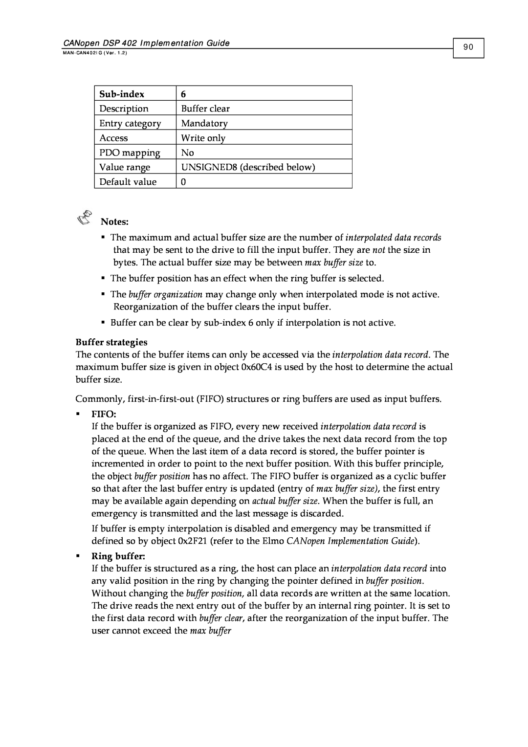 Elmo DSP 402 manual Sub-index, Buffer strategies, Fifo, Ring buffer 