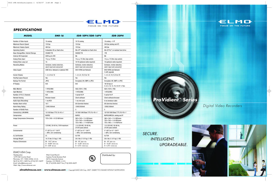 Elmo EDR-10PV, EDR-20PH, EDR-16PV, EMR-16 specifications 1TB, Jpeg, Ntsc/Bnc, Mjpeg, Ul/Tuv 