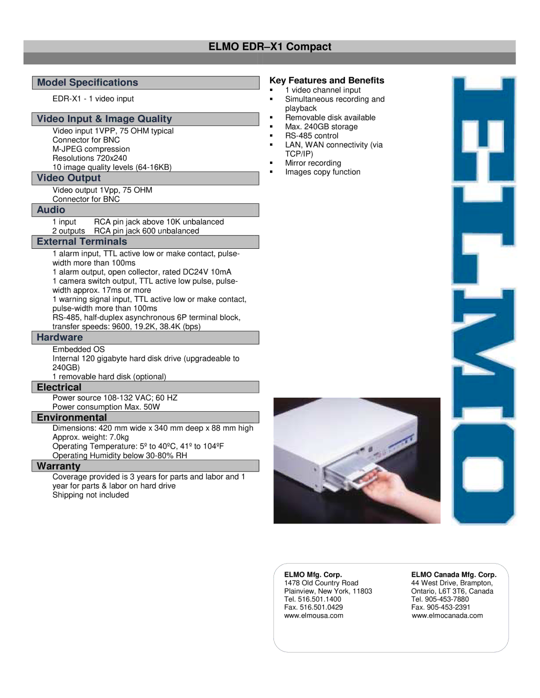 Elmo EDR-X1 manual Model Specifications, Video Input & Image Quality, Video Output, Audio, External Terminals, Hardware 