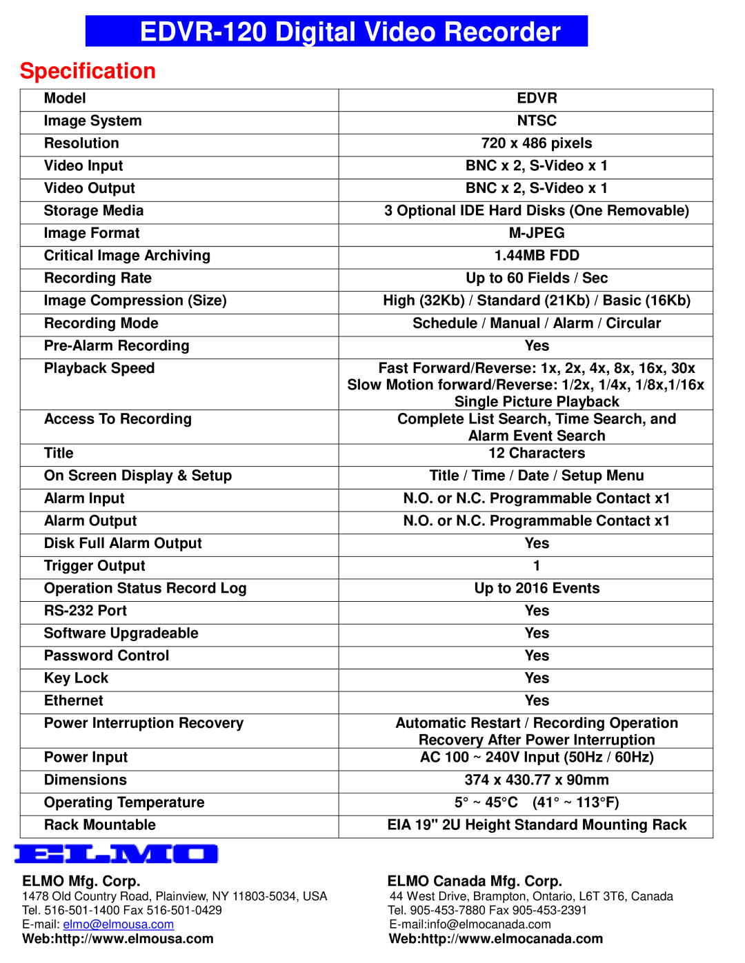 Elmo manual EDVR-120 Digital Video Recorder, Specification, Edvr Ntsc, Jpeg 