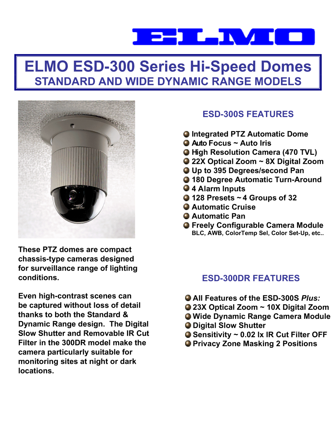 Elmo manual ESD-300S Features, ESD-300DR Features 