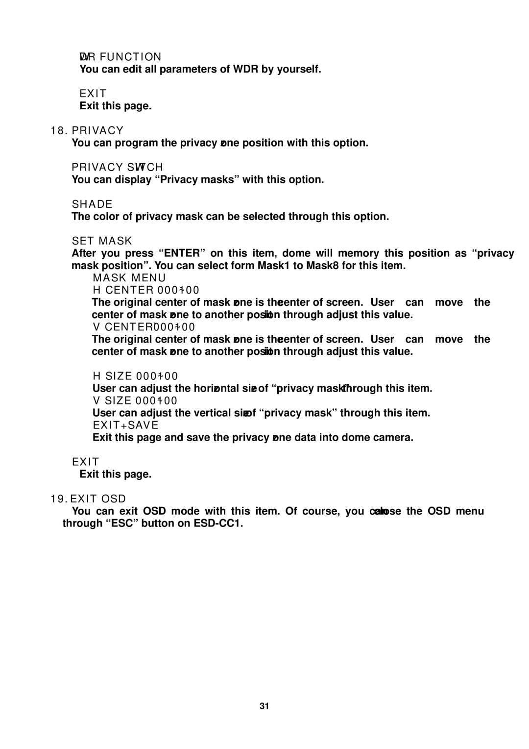 Elmo ESD-380 user manual WDR Function, Privacy Switch, Shade, SET Mask, Mask Menu, Exit+Save, Exit OSD 