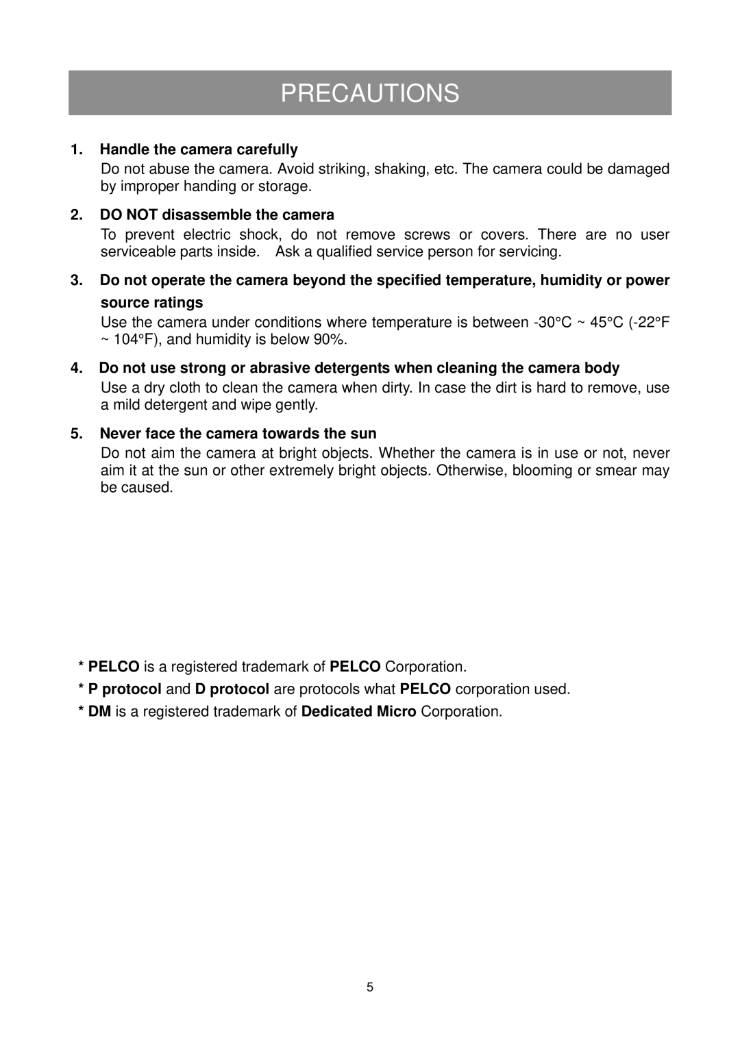 Elmo ESD-380 user manual Precautions, Handle the camera carefully, Do not disassemble the camera 