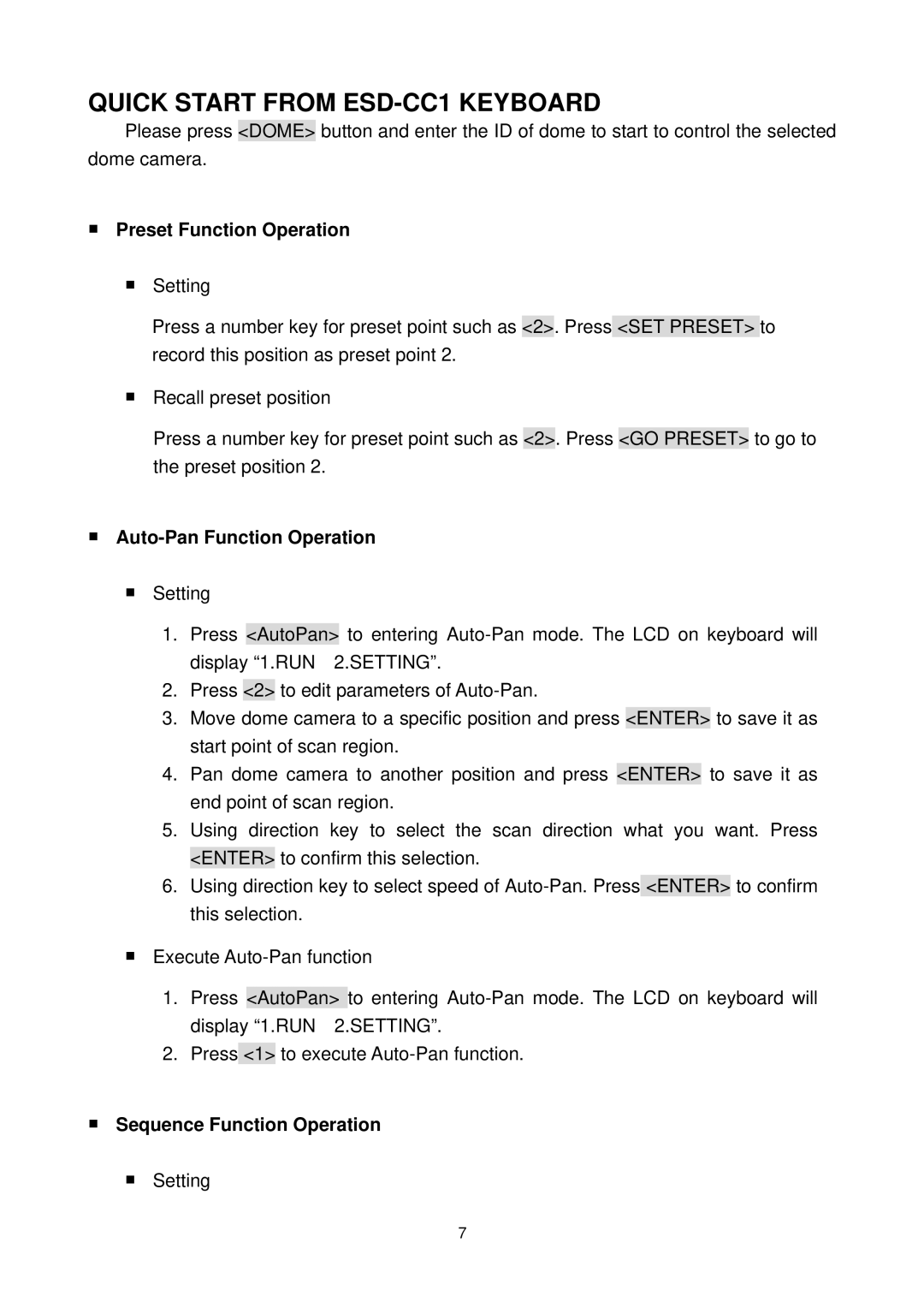 Elmo ESD-380 user manual Quick Start from ESD-CC1 Keyboard, Preset Function Operation, Auto-Pan Function Operation 