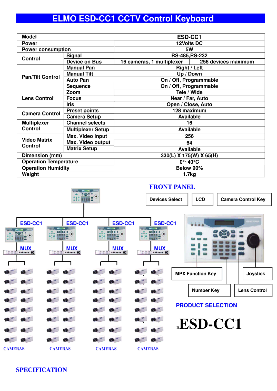 Elmo manual Elmo ESD-CC1 Cctv Control Keyboard, Front Panel, Specification, Product Selection 