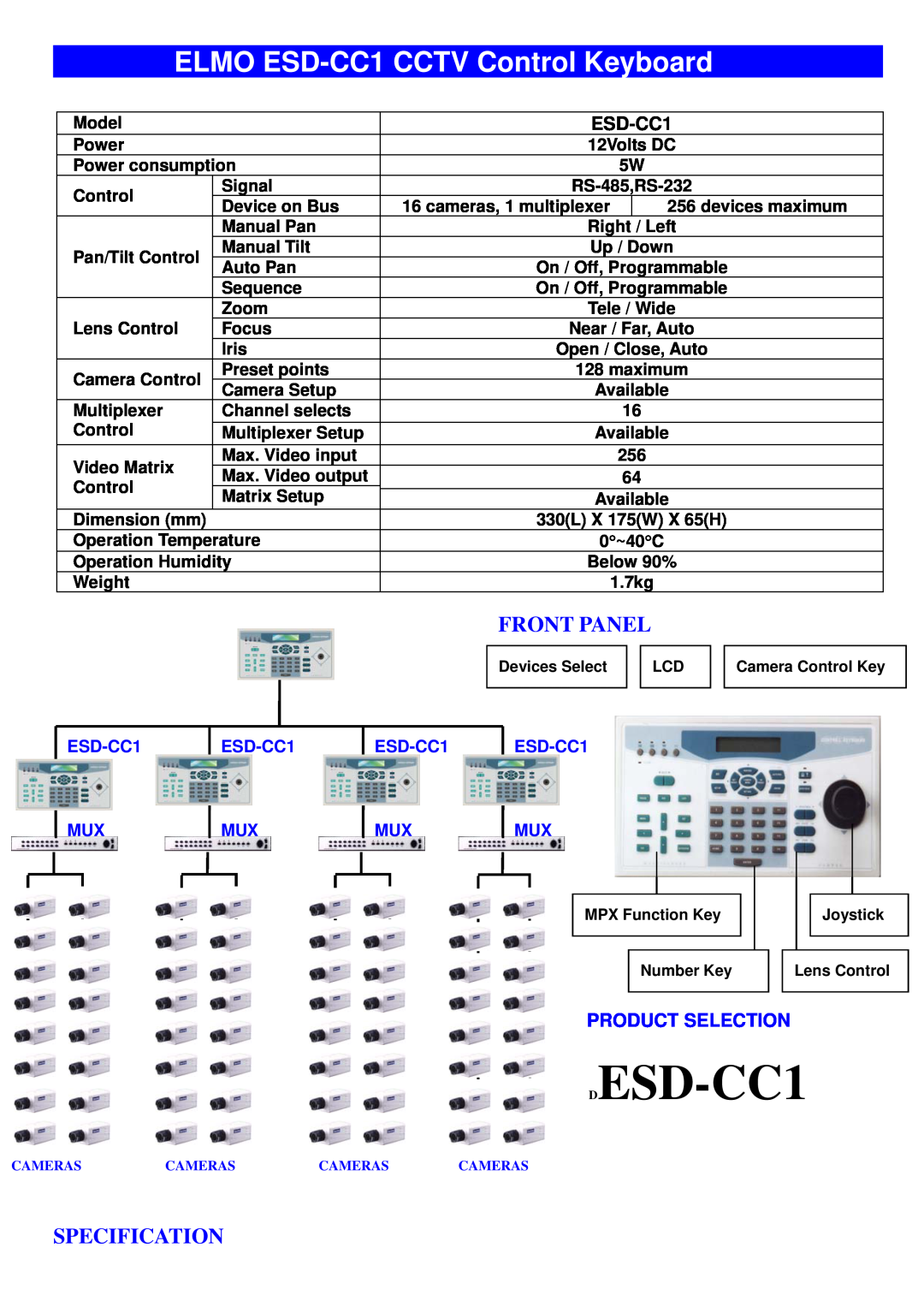 Elmo manual Product Selection, DESD-CC1, ELMO ESD-CC1CCTV Control Keyboard, Front Panel, Specification 