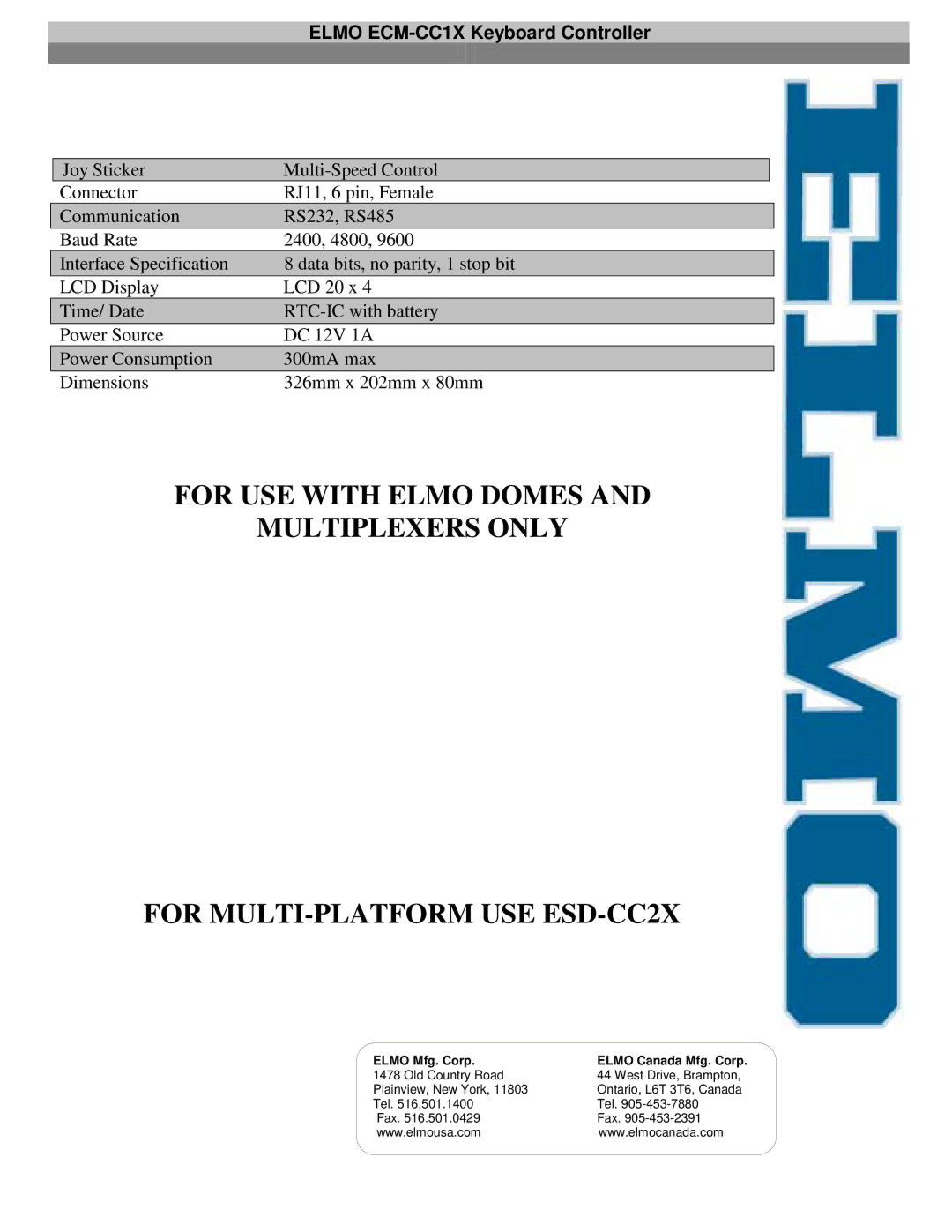 Elmo ESD-CC1X manual Elmo ECM-CC1X Keyboard Controller, Elmo Mfg. Corp 