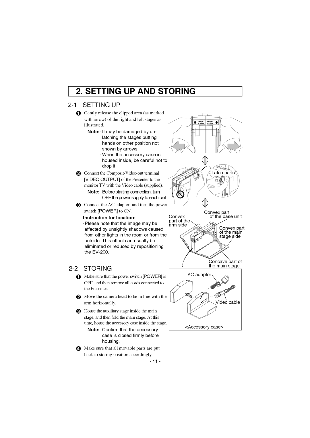 Elmo EV-200 instruction manual Setting UP and Storing 