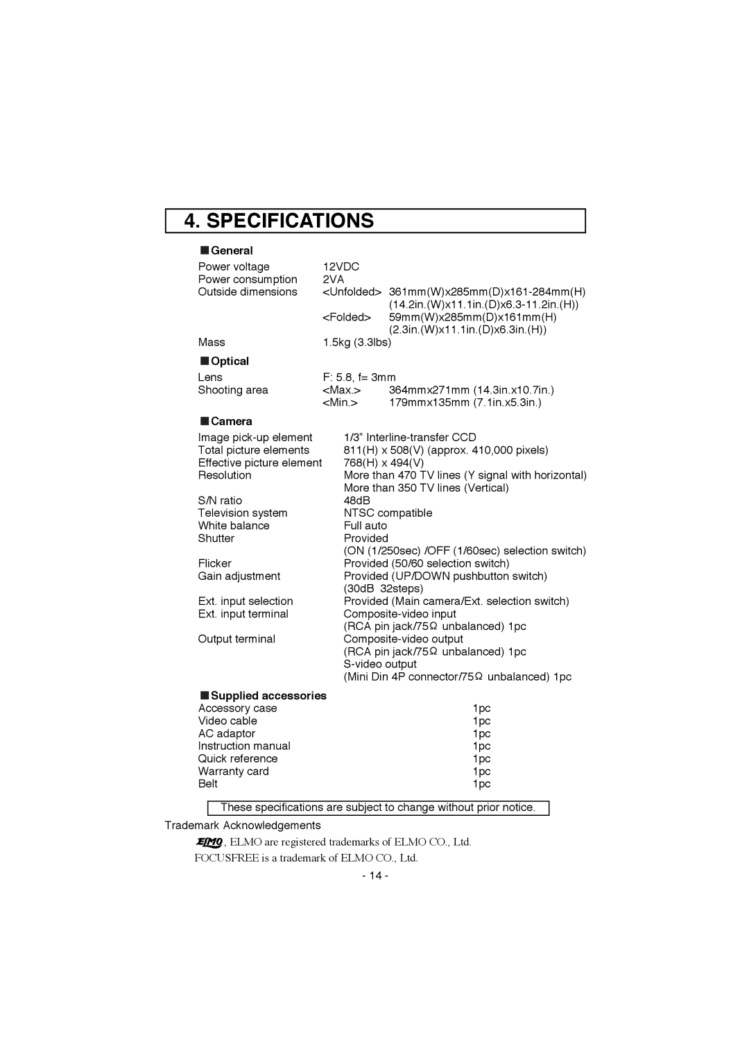 Elmo EV-200 instruction manual Specifications, 12VDC, 2VA 