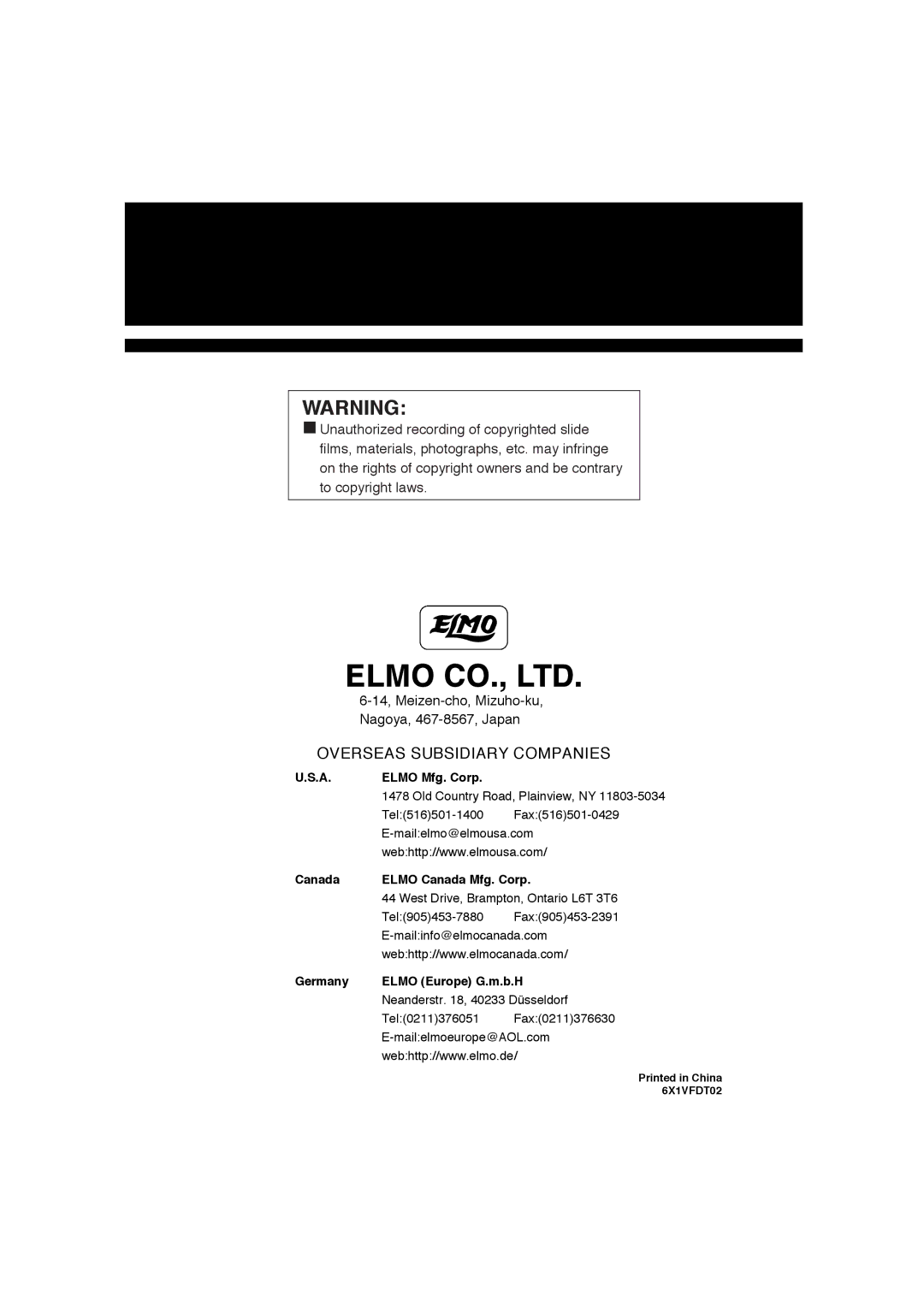 Elmo EV-200 instruction manual Overseas Subsidiary Companies 