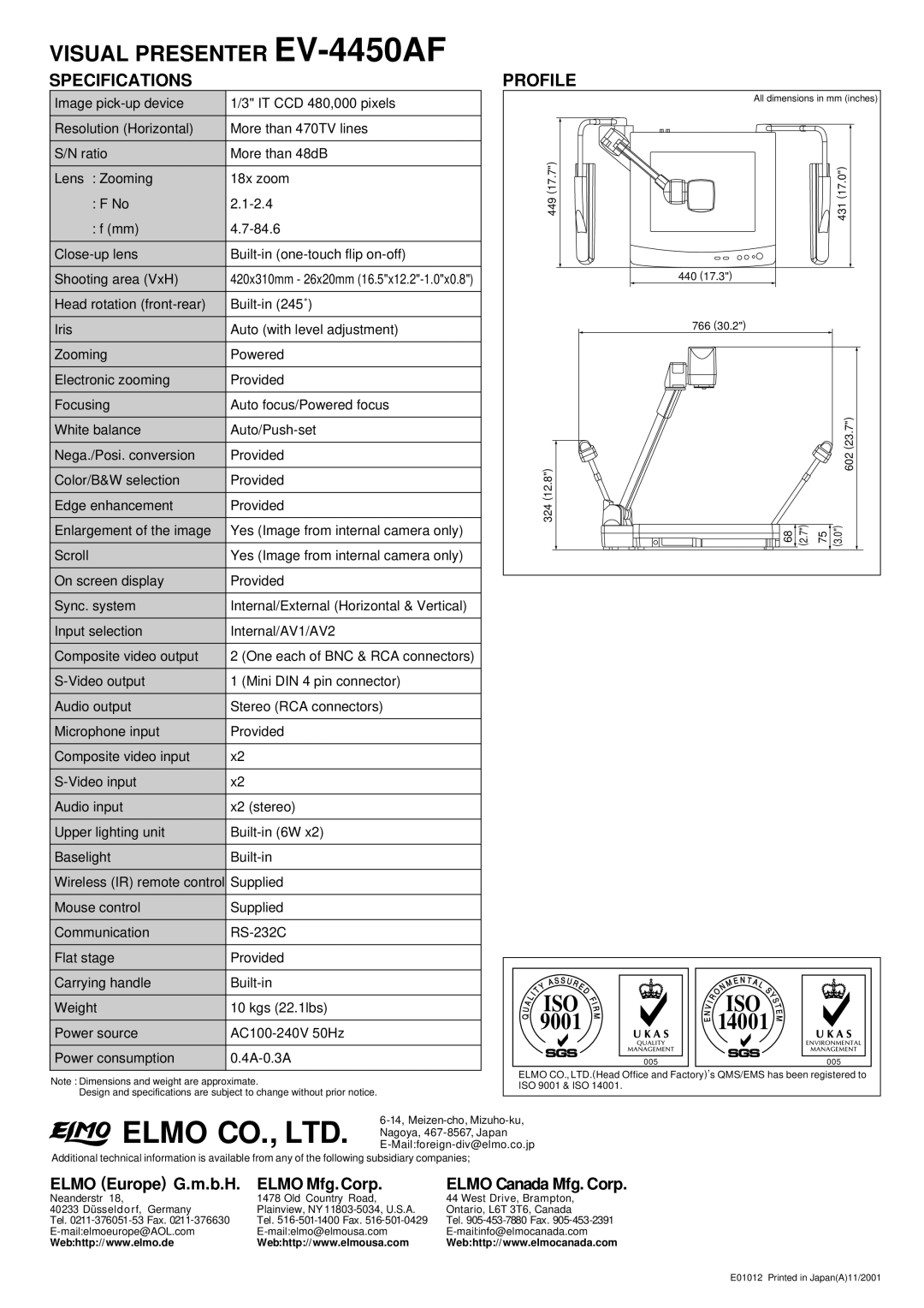 Elmo manual Visual Presenter EV-4450AF, Iso, 9001 14001, Specifications, Profile 