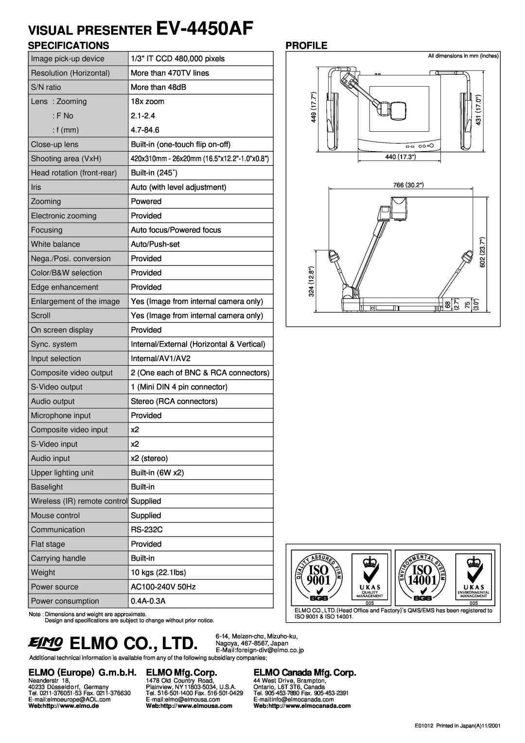 Elmo manual VISUAL PRESENTER EV-4450AF, 9001, 14001, Specifications, Profile, ELMO Europe G.m.b.H, ELMO Mfg. Corp 