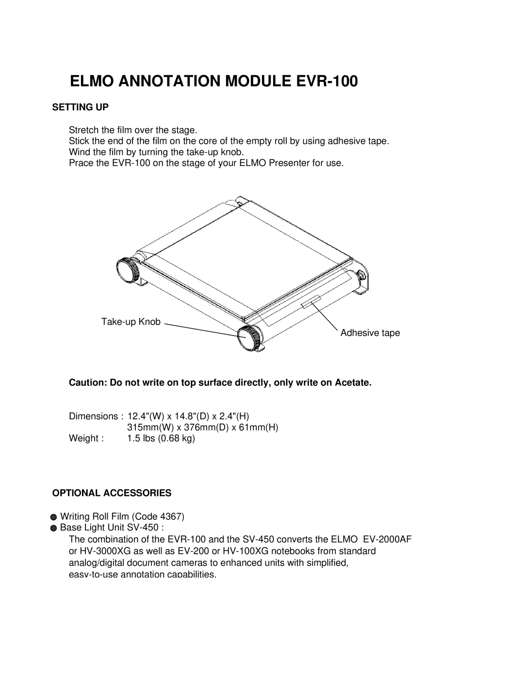 Elmo dimensions Elmo Annotation Module EVR-100, Setting UP, Optional Accessories 