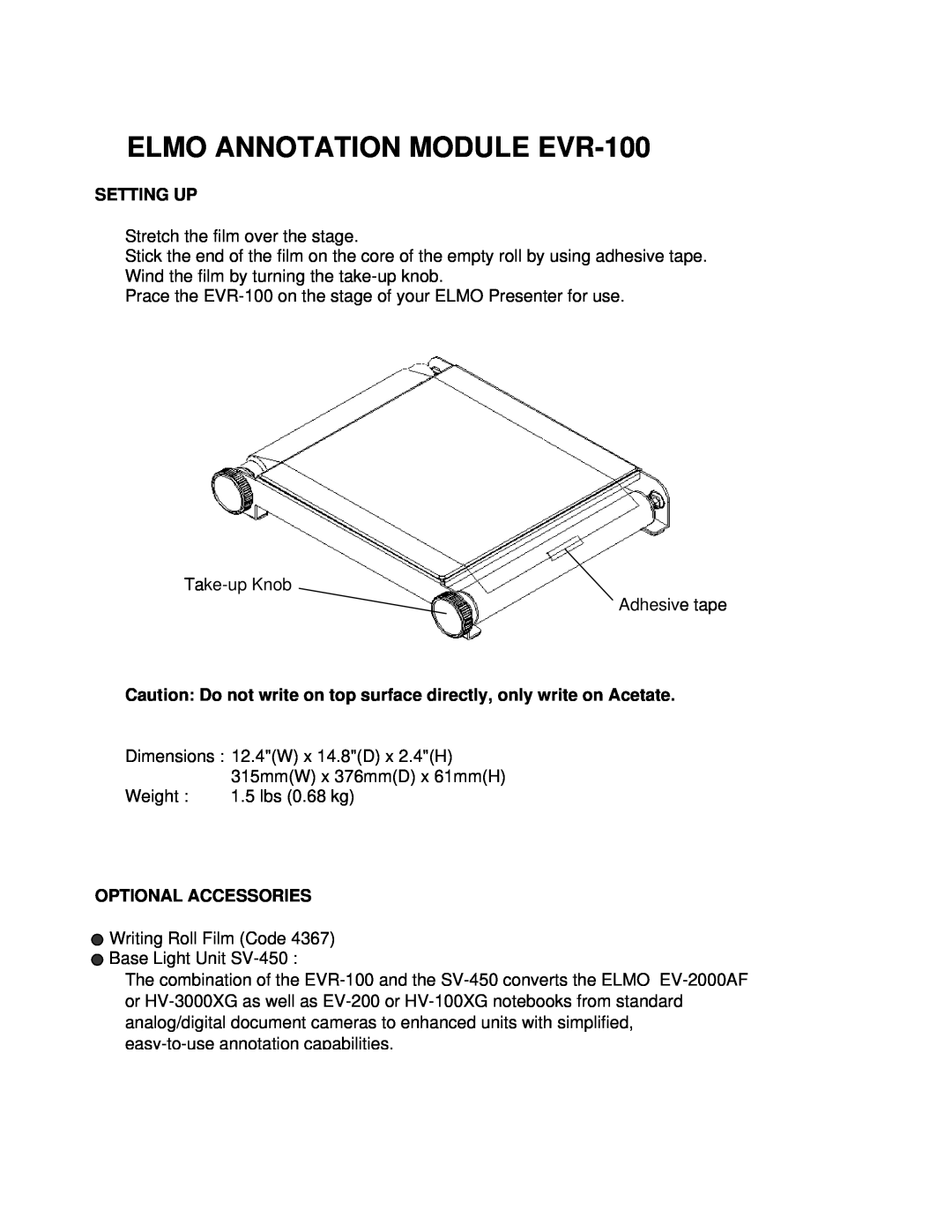 Elmo dimensions ELMO ANNOTATION MODULE EVR-100, Setting Up, Optional Accessories 