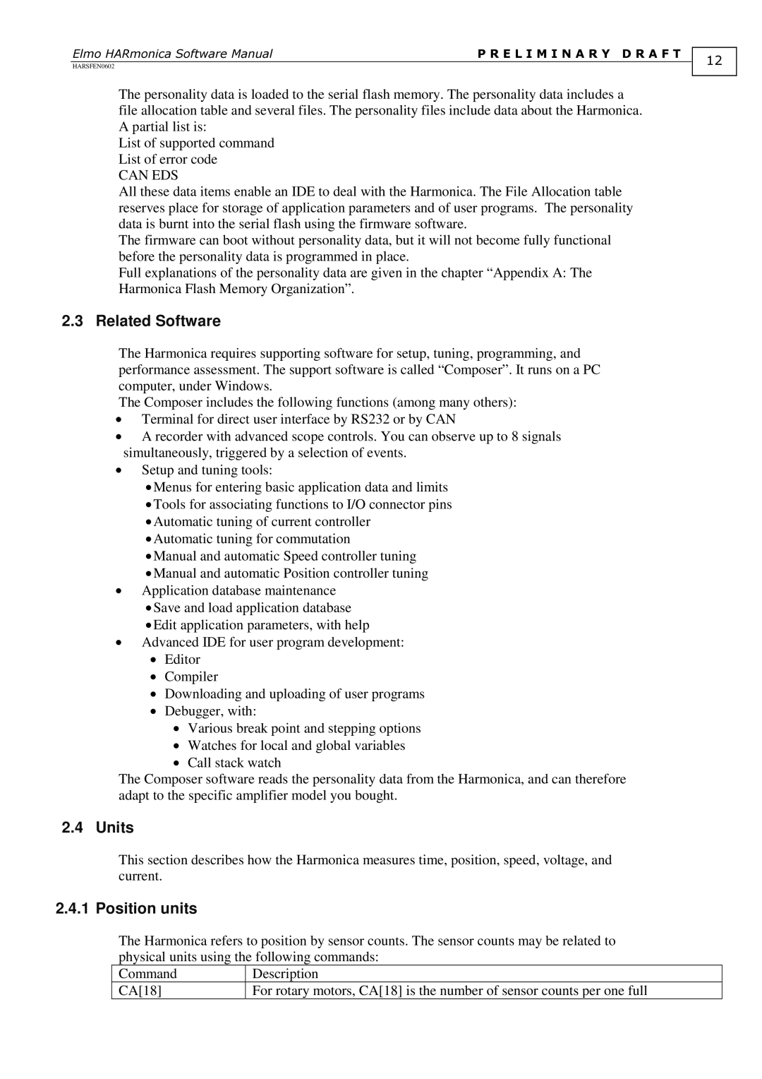 Elmo HARmonica, HARSFEN0602 software manual Related Software, Units, Position units, Can EDS 