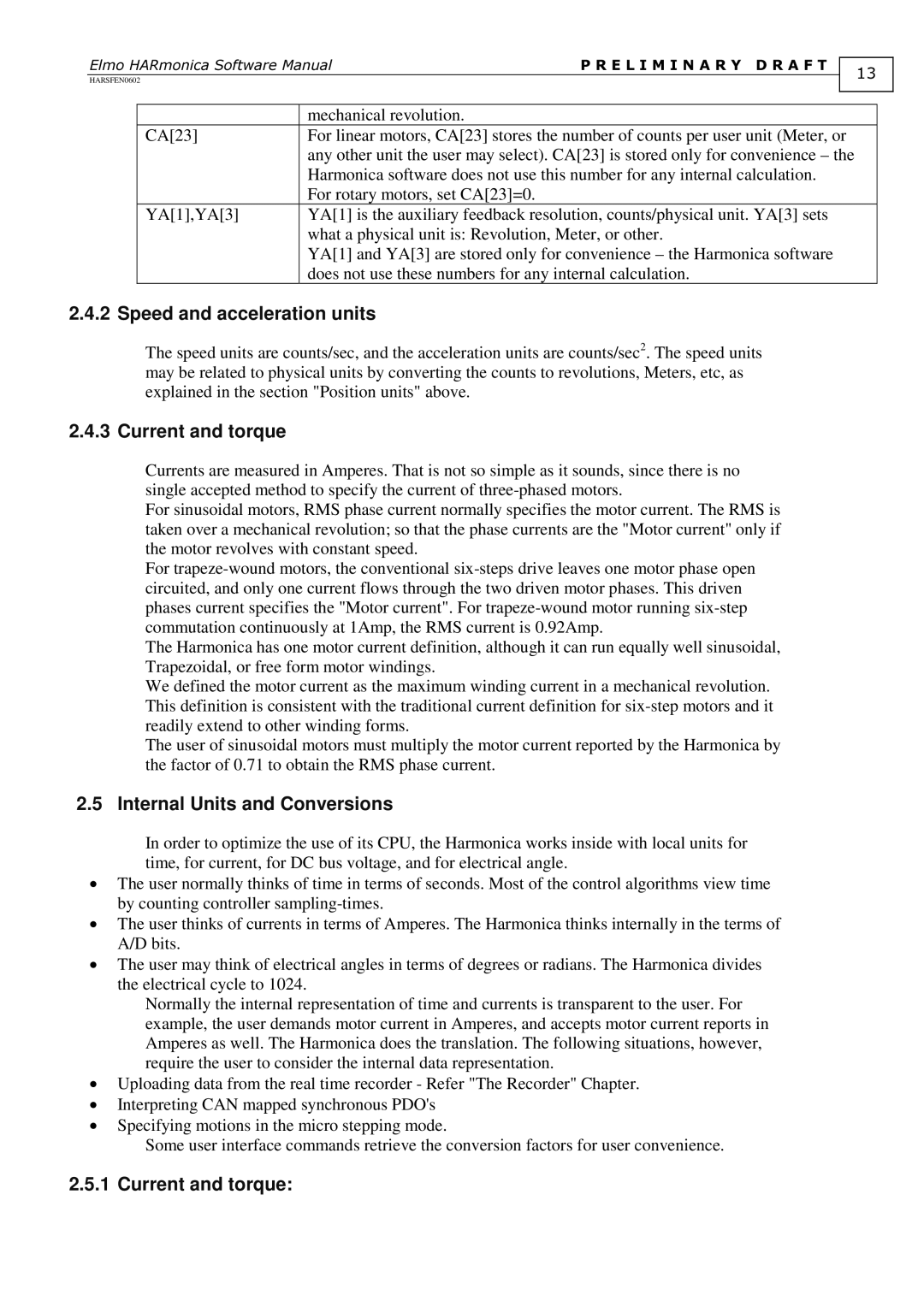 Elmo HARSFEN0602, HARmonica software manual Speed and acceleration units, Current and torque, Internal Units and Conversions 