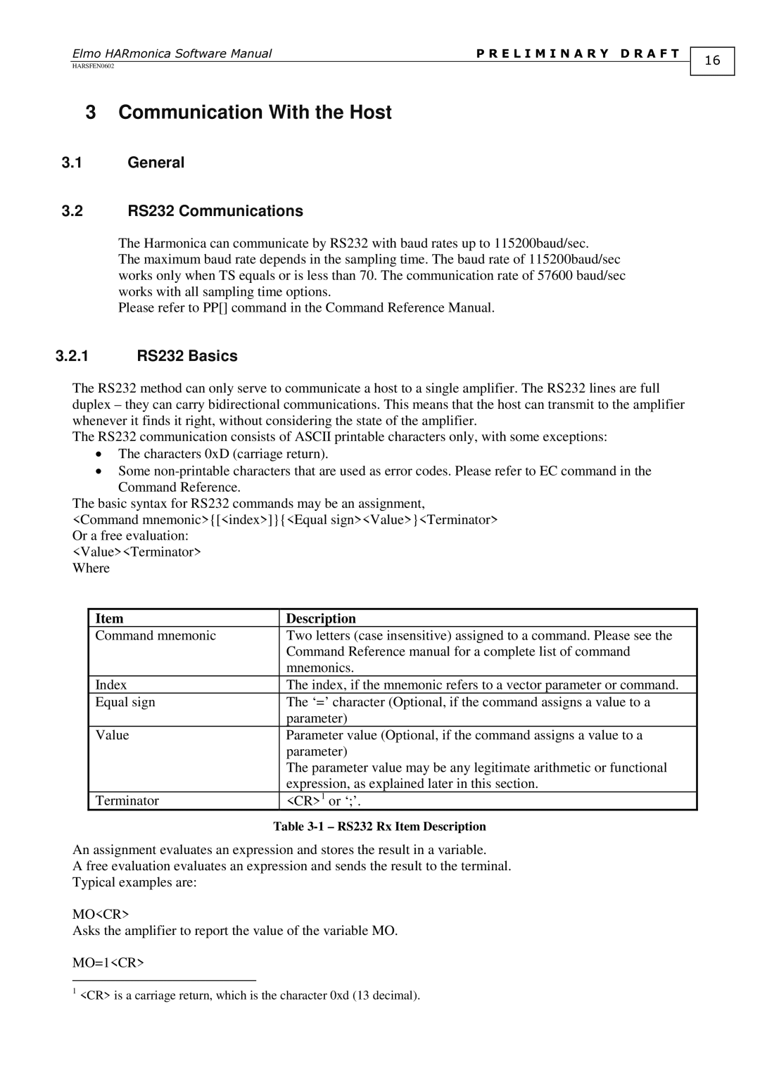 Elmo HARmonica, HARSFEN0602 Communication With the Host, General RS232 Communications, 1 RS232 Basics, Description, Mocr 