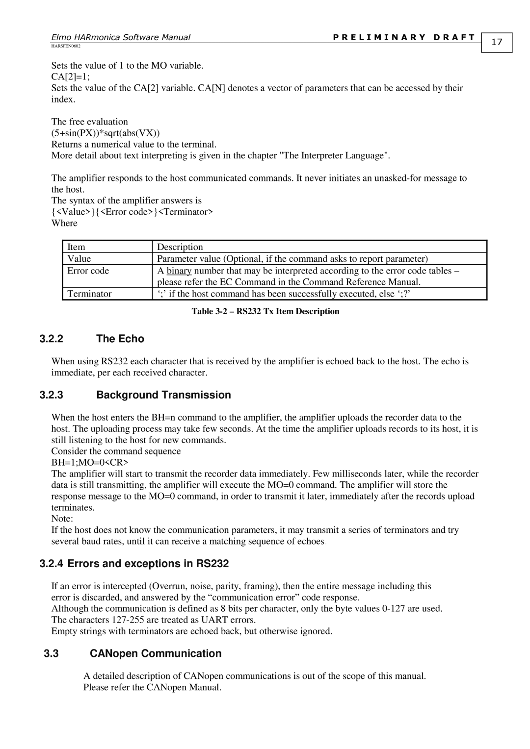 Elmo HARSFEN0602, HARmonica Echo, Background Transmission, Errors and exceptions in RS232, CANopen Communication 