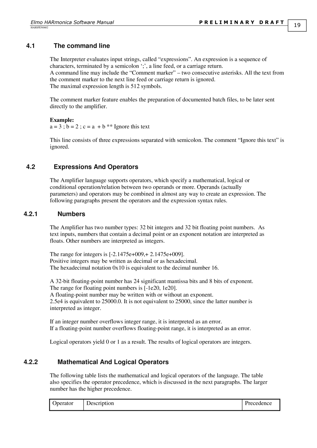 Elmo HARSFEN0602, HARmonica Command line, Expressions And Operators, Numbers, Mathematical And Logical Operators, Example 