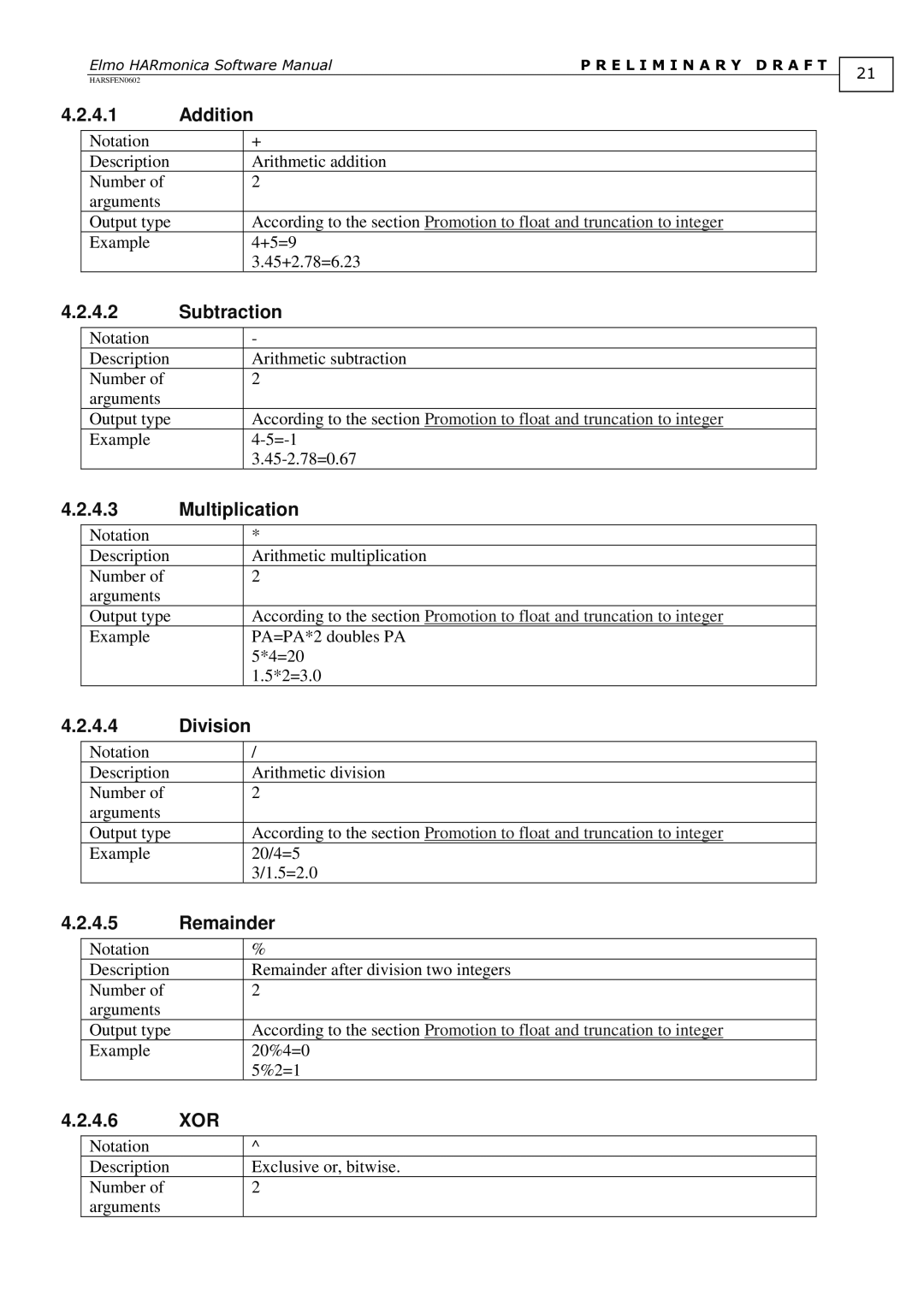 Elmo HARSFEN0602, HARmonica software manual Addition, Subtraction, Multiplication, Division, Remainder, 4.6 XOR 