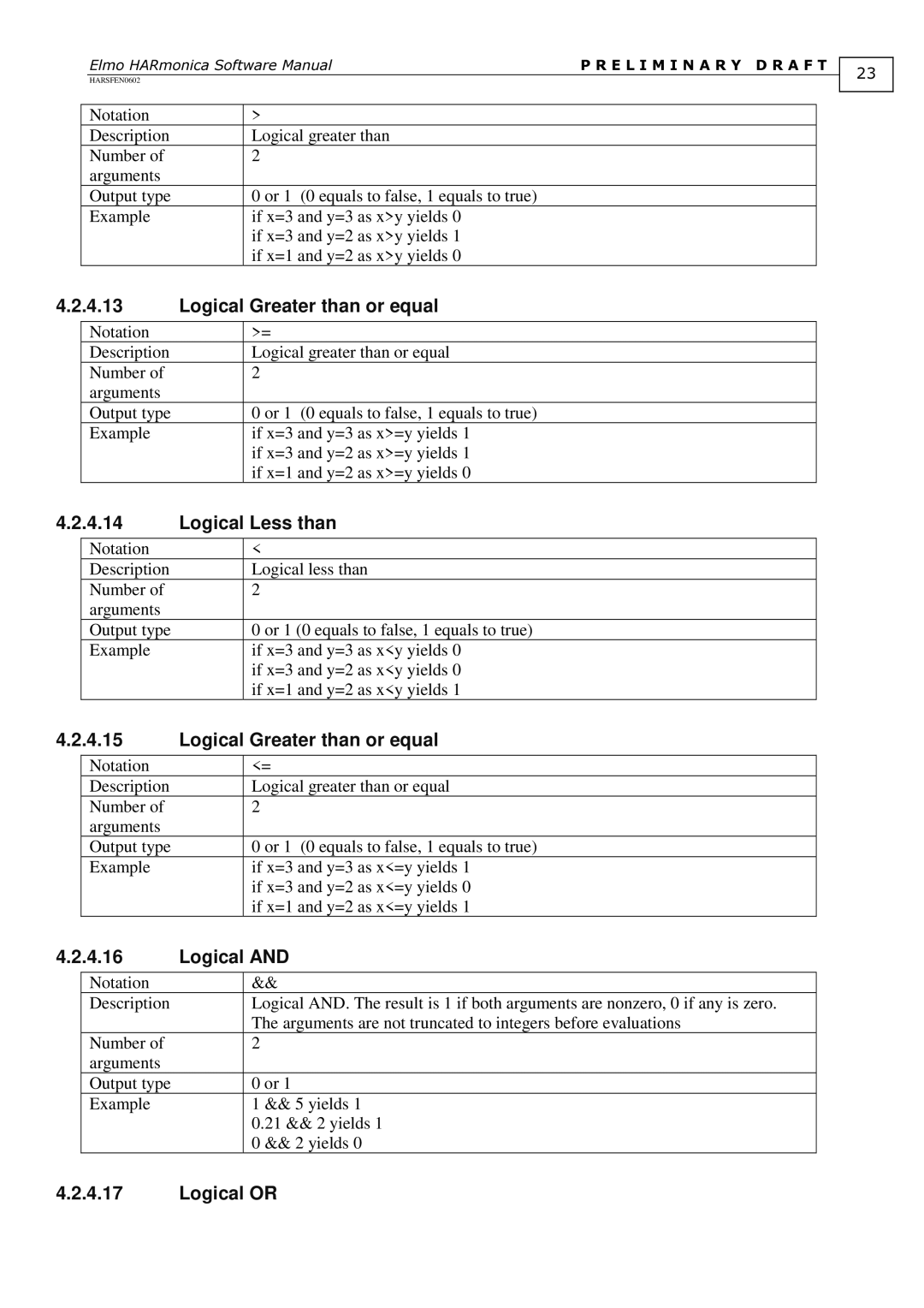 Elmo HARSFEN0602, HARmonica software manual Logical Greater than or equal, Logical Less than, Logical or 