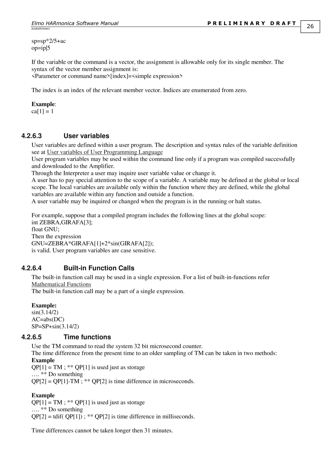 Elmo HARmonica, HARSFEN0602 software manual User variables, Built-in Function Calls, Time functions, Example ca1 = 