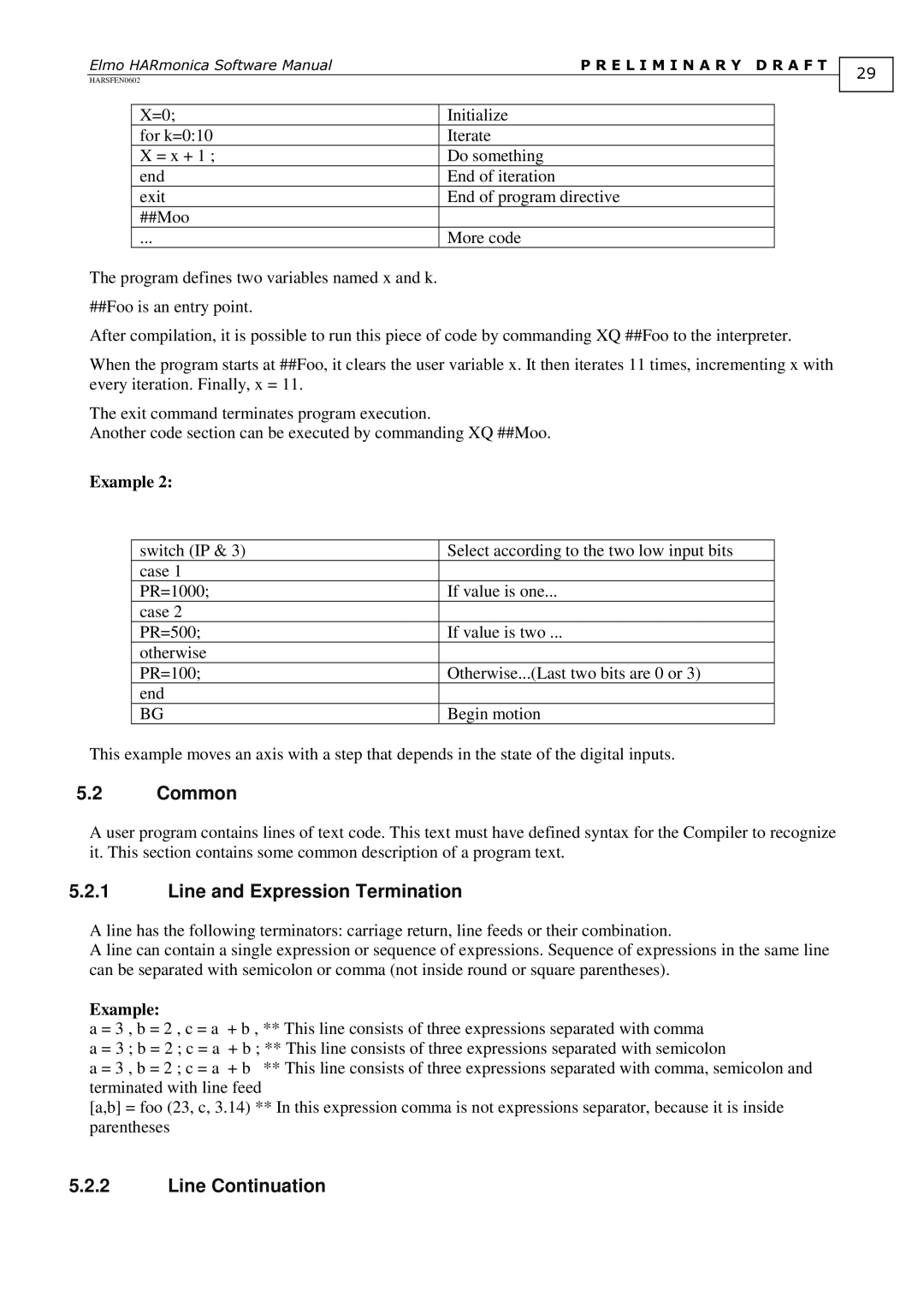 Elmo HARSFEN0602, HARmonica software manual Common, Line and Expression Termination, Line Continuation 