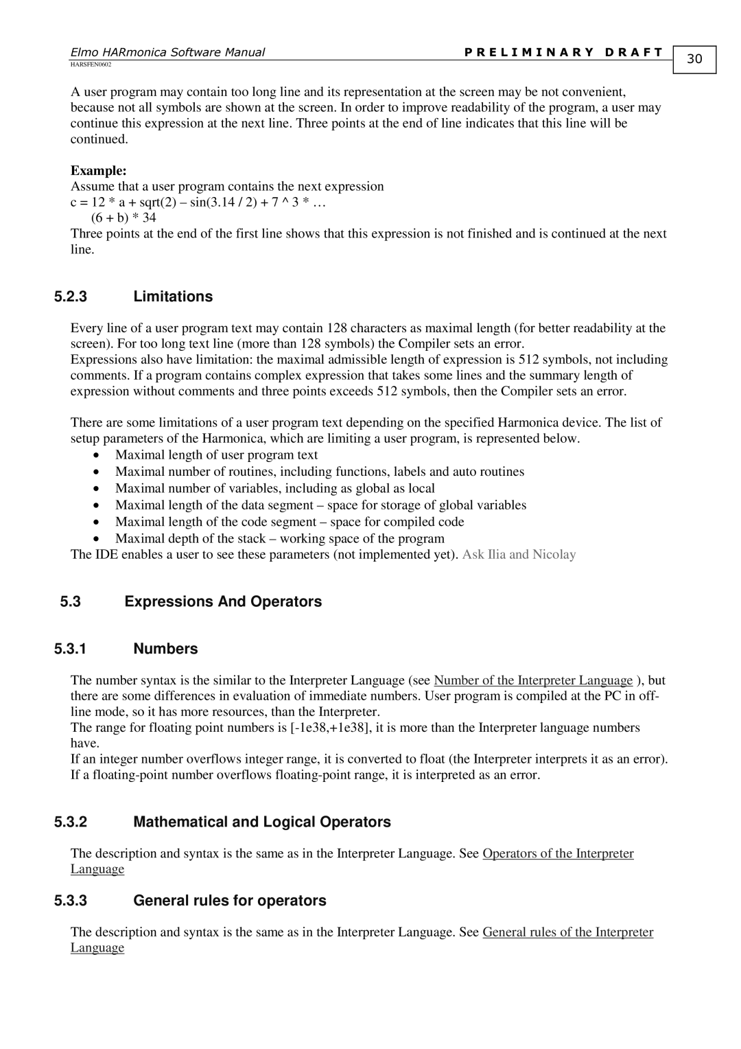 Elmo HARmonica, HARSFEN0602 software manual Limitations, Expressions And Operators Numbers, General rules for operators 