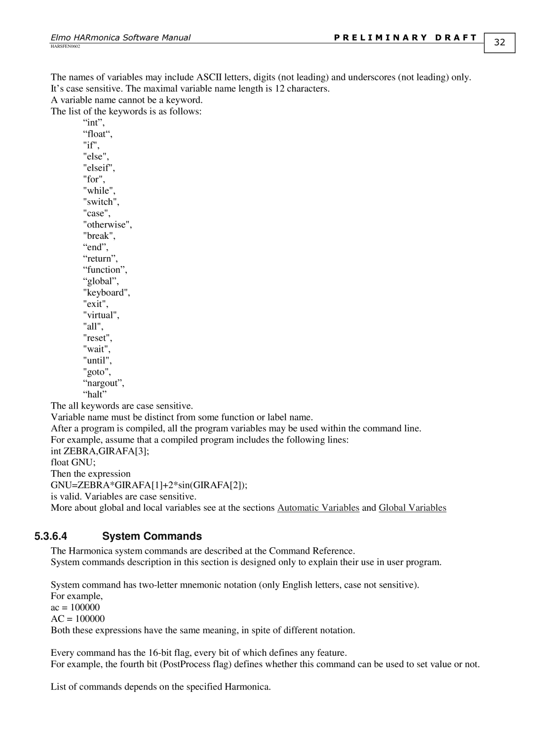 Elmo HARmonica, HARSFEN0602 software manual System Commands 