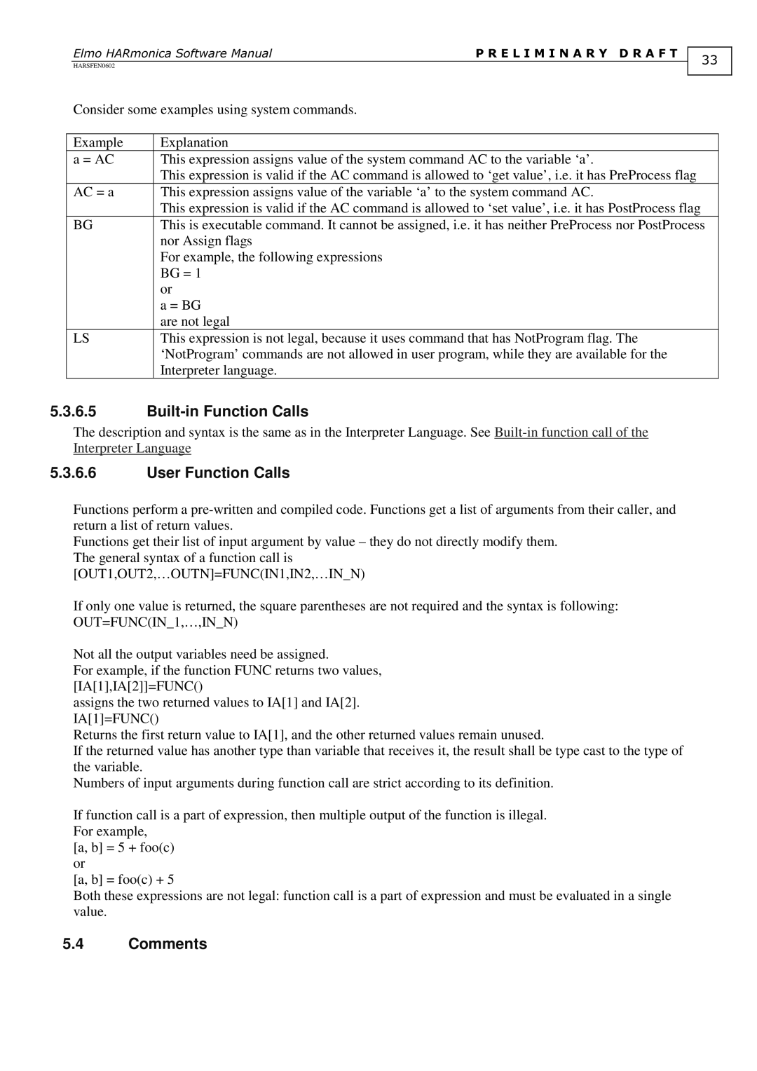 Elmo HARSFEN0602, HARmonica software manual Built-in Function Calls 