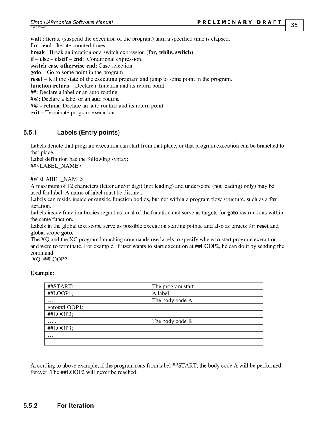 Elmo HARSFEN0602, HARmonica software manual Labels Entry points, For iteration, #@Labelname, XQ ##LOOP2, ##Start 