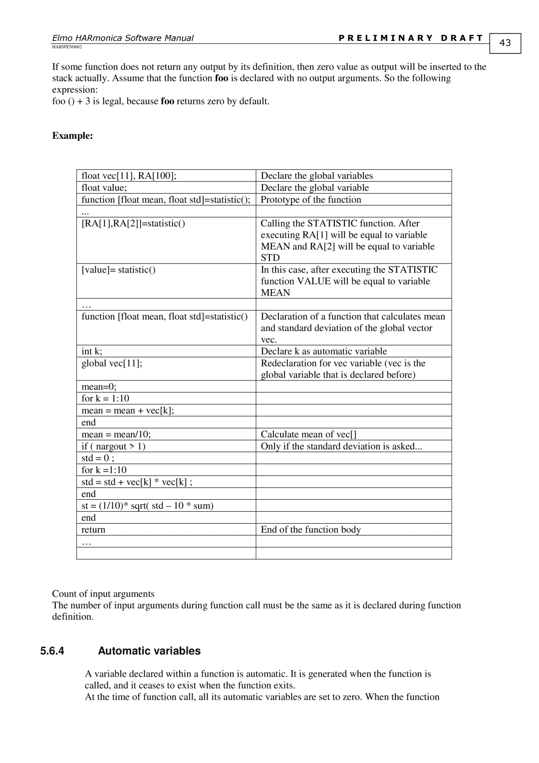 Elmo HARSFEN0602, HARmonica software manual Automatic variables, Std, Mean 