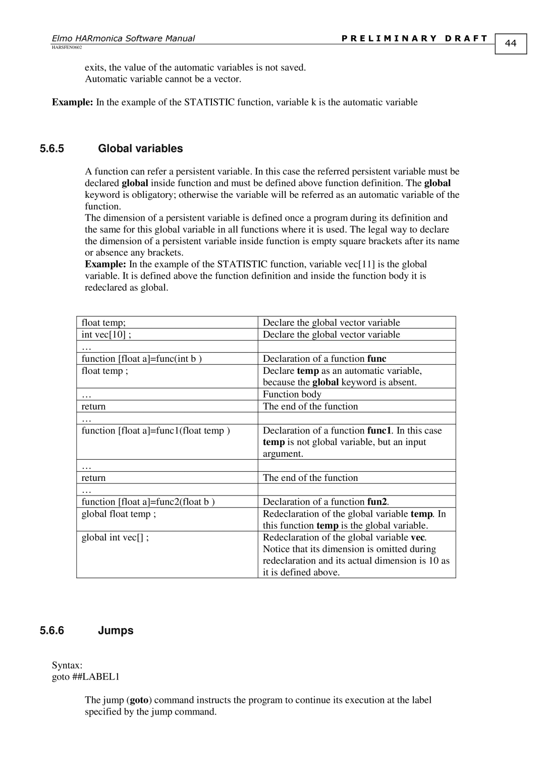 Elmo HARmonica, HARSFEN0602 software manual Global variables, Jumps 