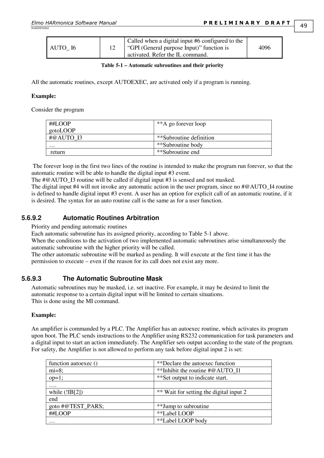 Elmo HARSFEN0602, HARmonica software manual Automatic Routines Arbitration, Automatic Subroutine Mask, ##Loop, #@AUTOI3 