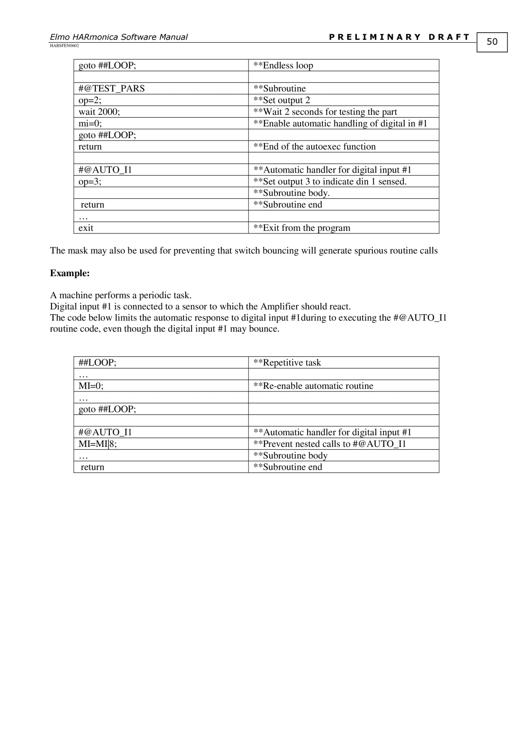 Elmo HARmonica, HARSFEN0602 software manual #@Testpars, MI=MI8 