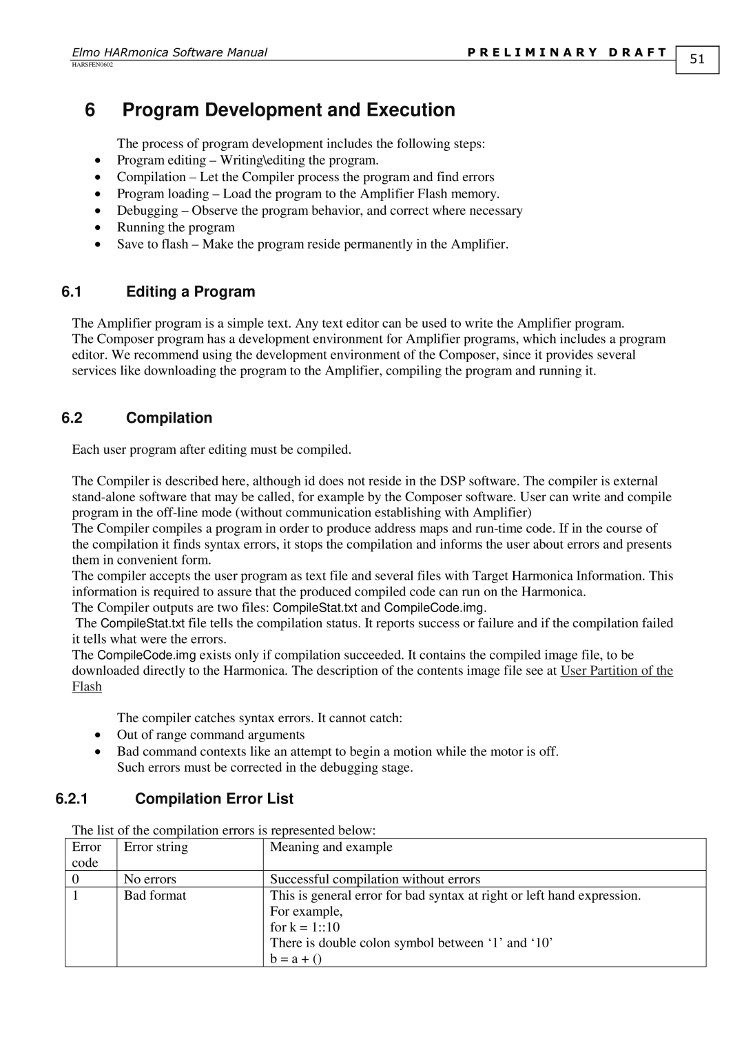 Elmo HARSFEN0602, HARmonica software manual Program Development and Execution, Editing a Program, Compilation Error List 