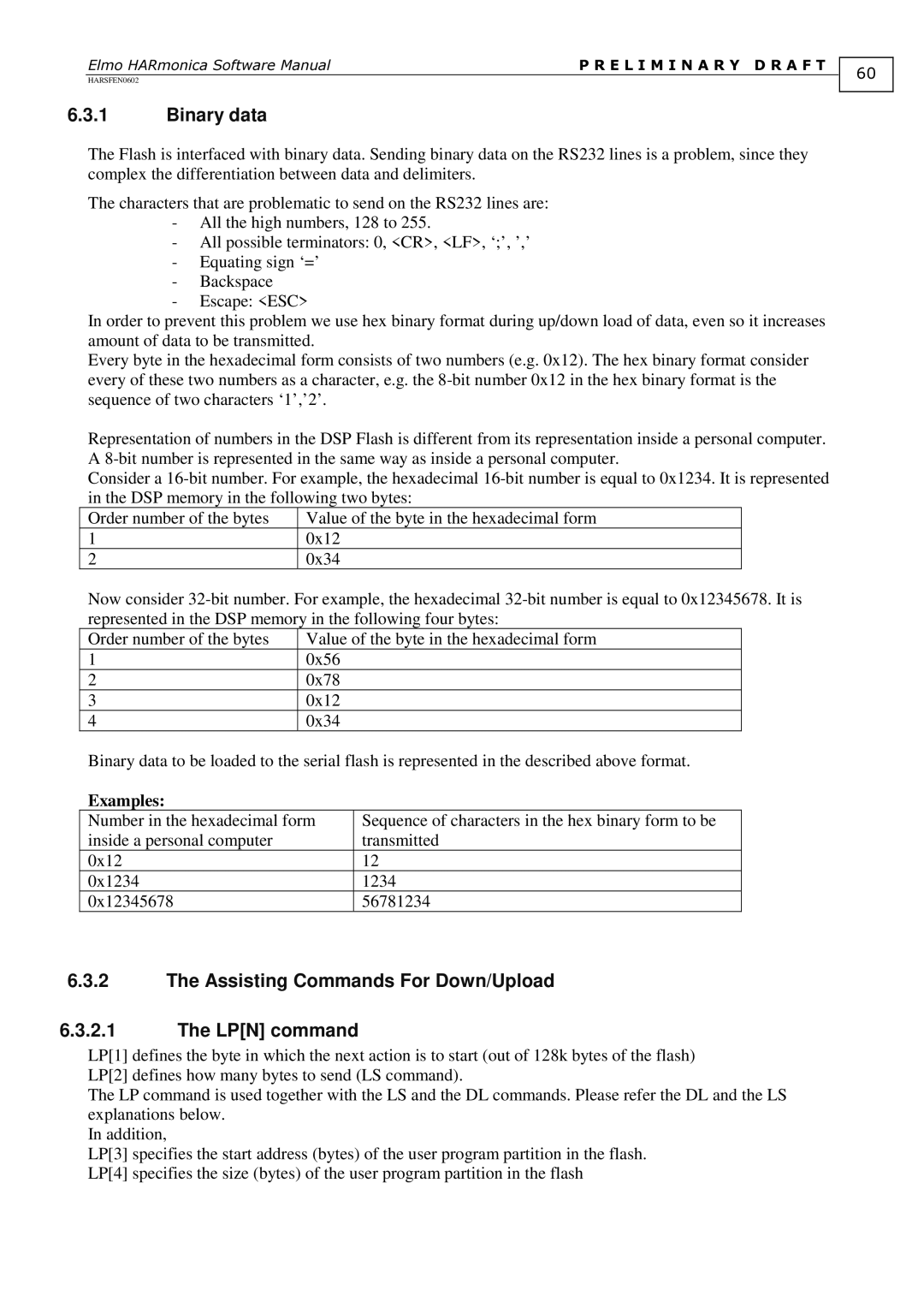 Elmo HARmonica, HARSFEN0602 software manual Binary data, Assisting Commands For Down/Upload LPN command, Examples 