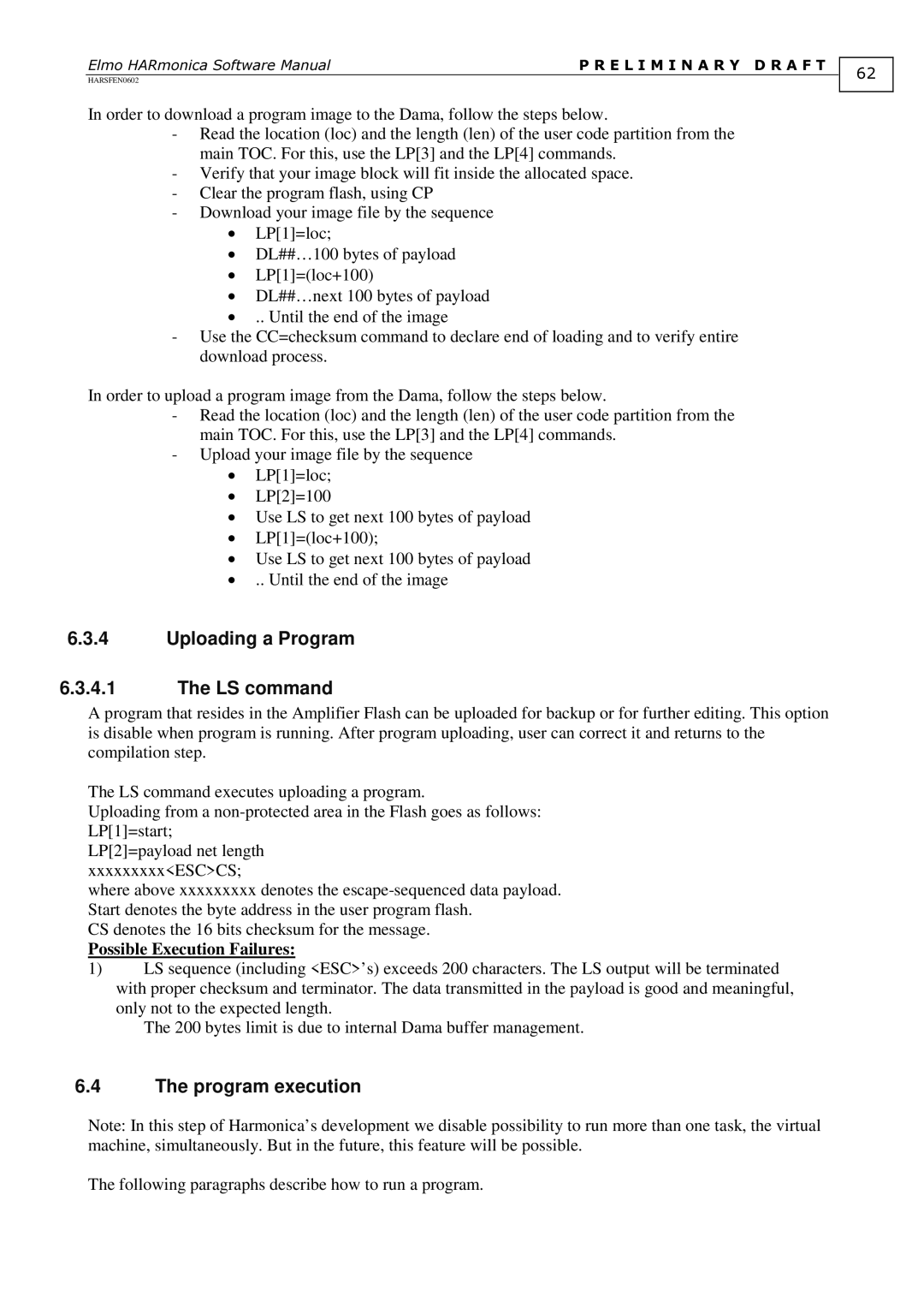 Elmo HARmonica, HARSFEN0602 software manual Uploading a Program LS command, Program execution 