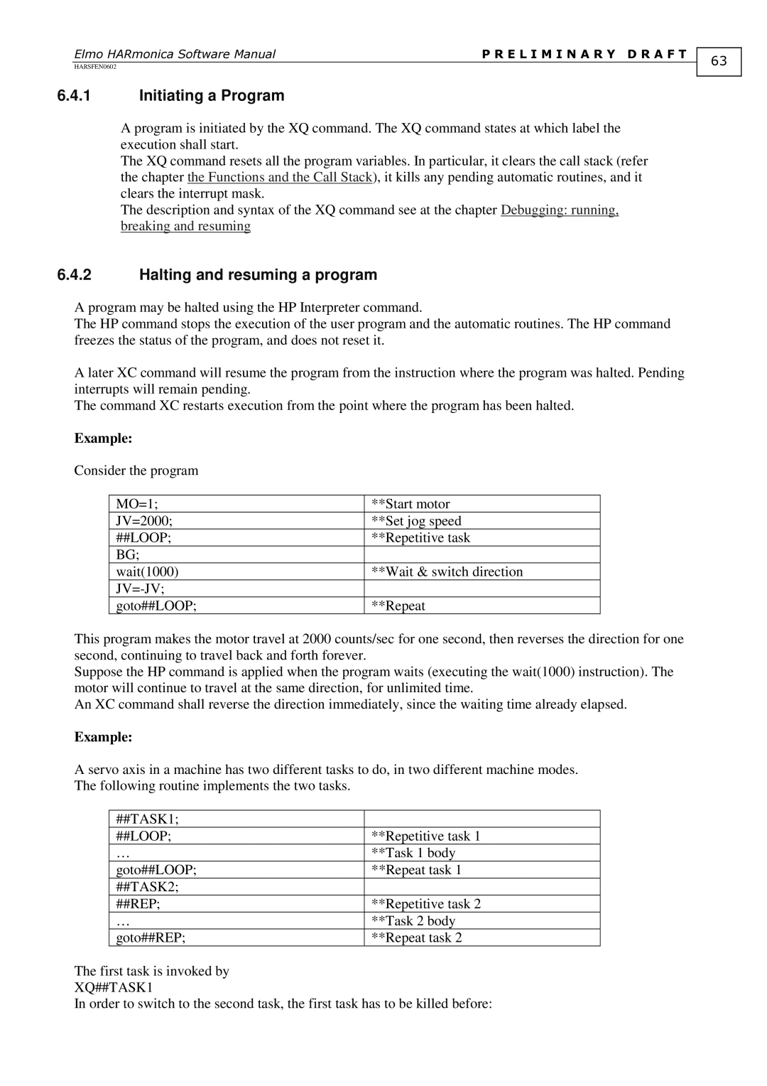 Elmo HARSFEN0602, HARmonica software manual Initiating a Program, Halting and resuming a program, XQ##TASK1 