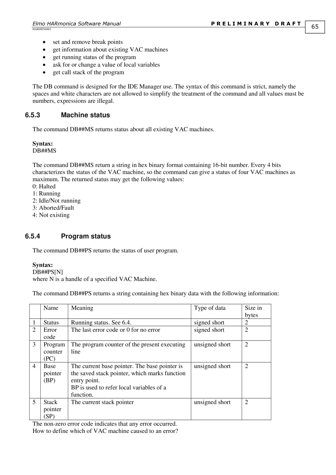 Elmo HARSFEN0602, HARmonica software manual Machine status, Program status, Db##Ms, Db##Psn 