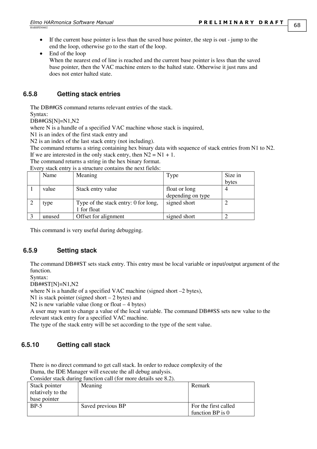 Elmo HARmonica, HARSFEN0602 software manual Getting stack entries, Setting stack, Getting call stack 