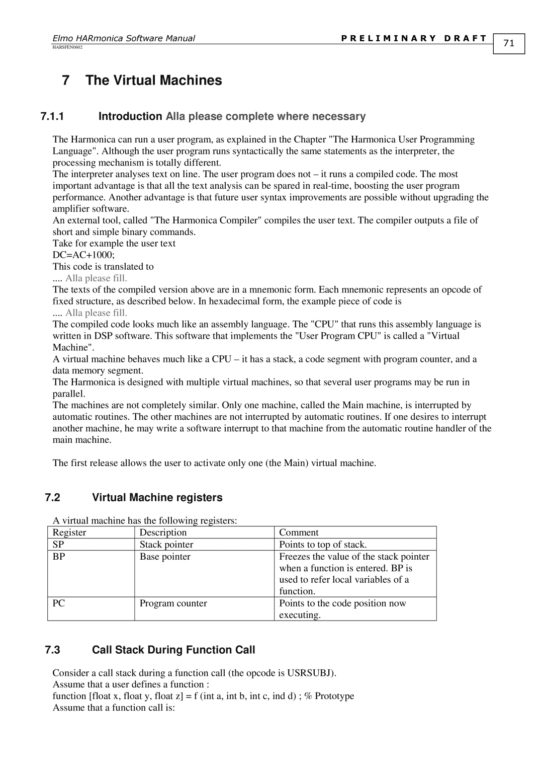 Elmo HARSFEN0602, HARmonica software manual Virtual Machines, Virtual Machine registers, Call Stack During Function Call 