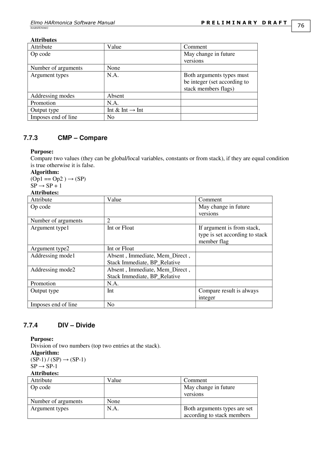 Elmo HARmonica, HARSFEN0602 software manual CMP Compare, DIV Divide 