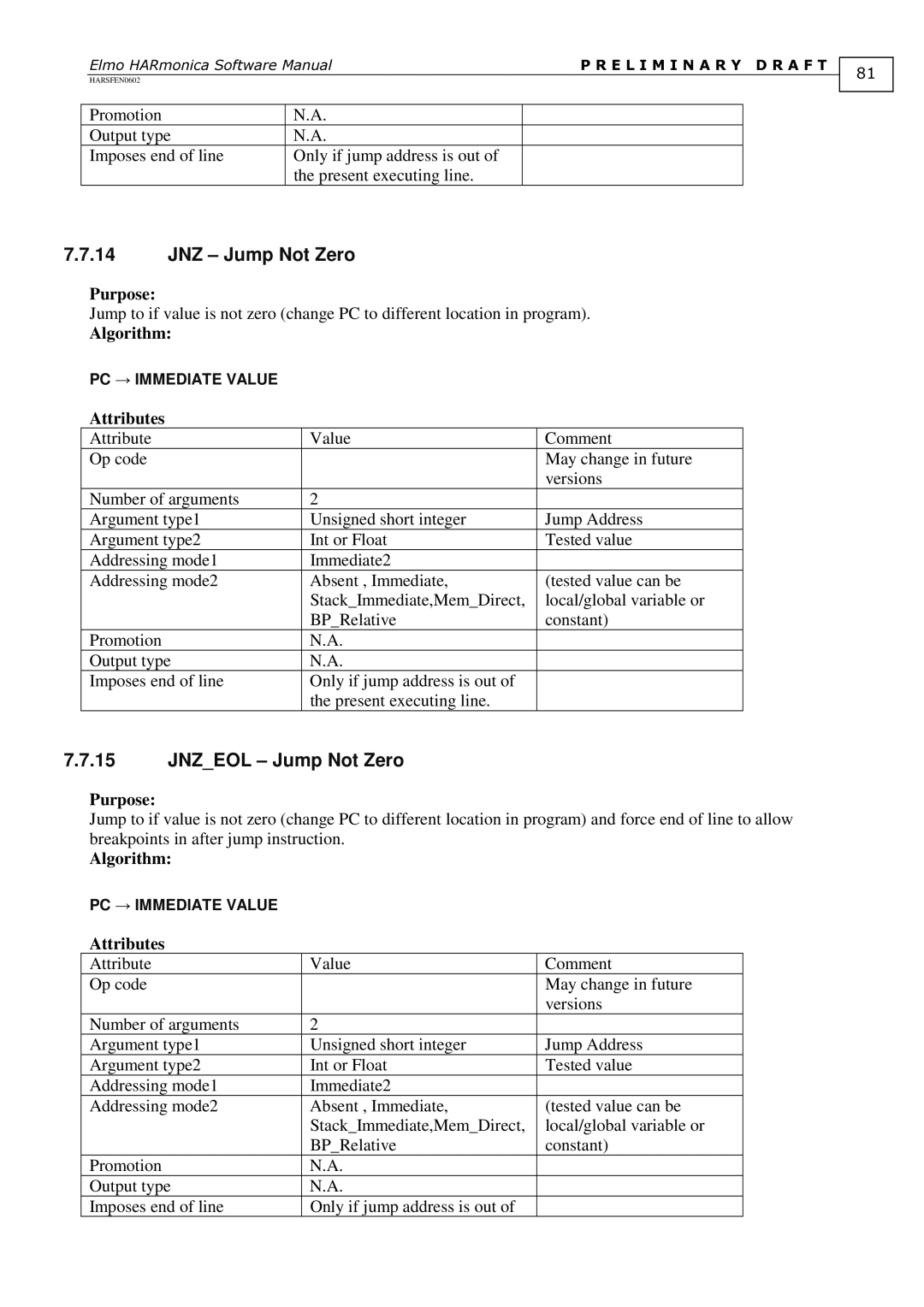 Elmo HARSFEN0602, HARmonica software manual JNZ Jump Not Zero, Jnzeol Jump Not Zero 