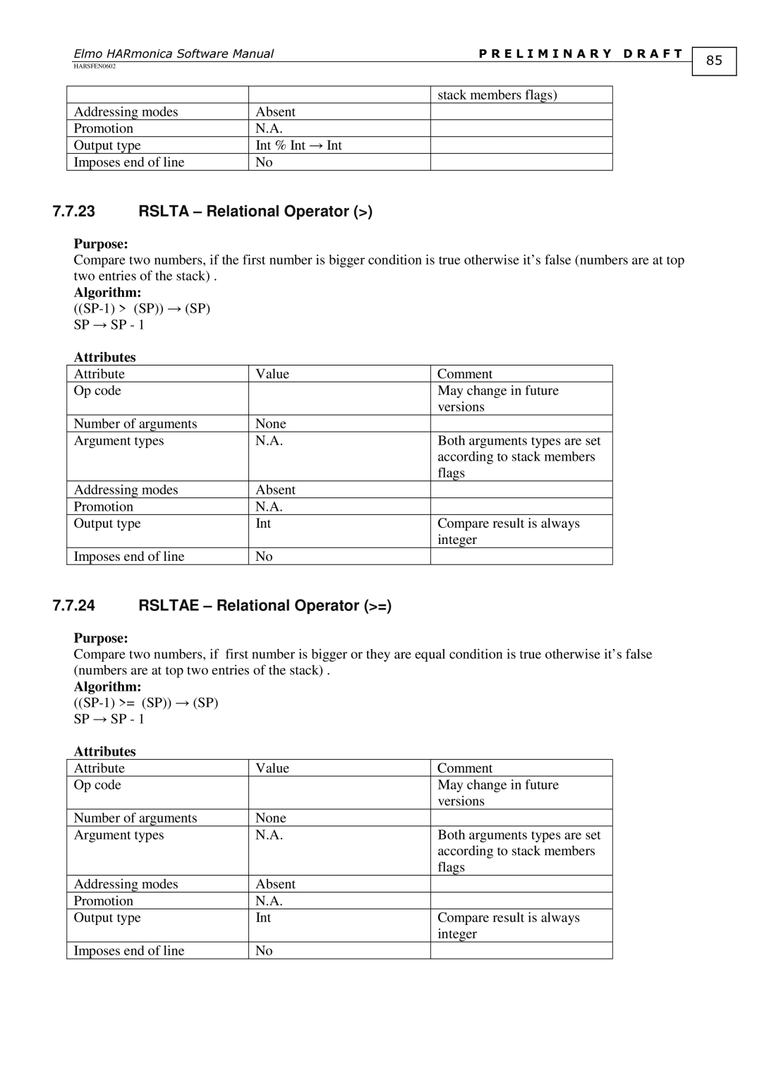 Elmo HARSFEN0602, HARmonica software manual Rslta Relational Operator, Rsltae Relational Operator = 