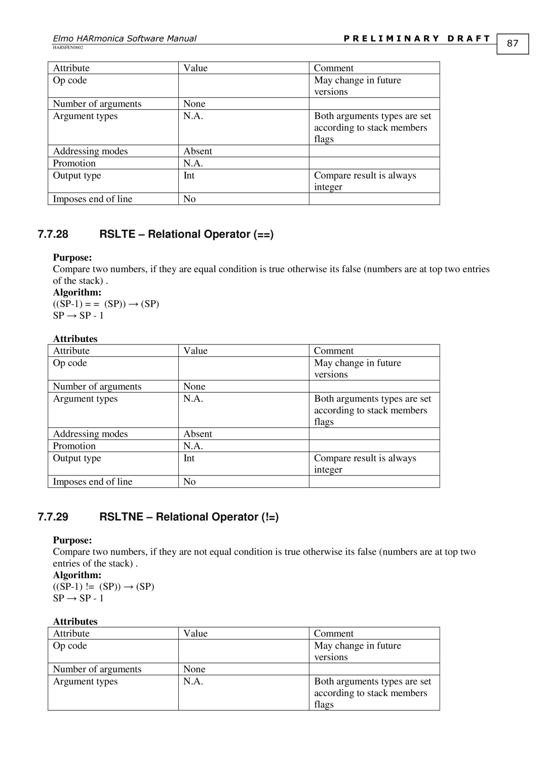 Elmo HARSFEN0602, HARmonica software manual Rslte Relational Operator ==, Rsltne Relational Operator != 