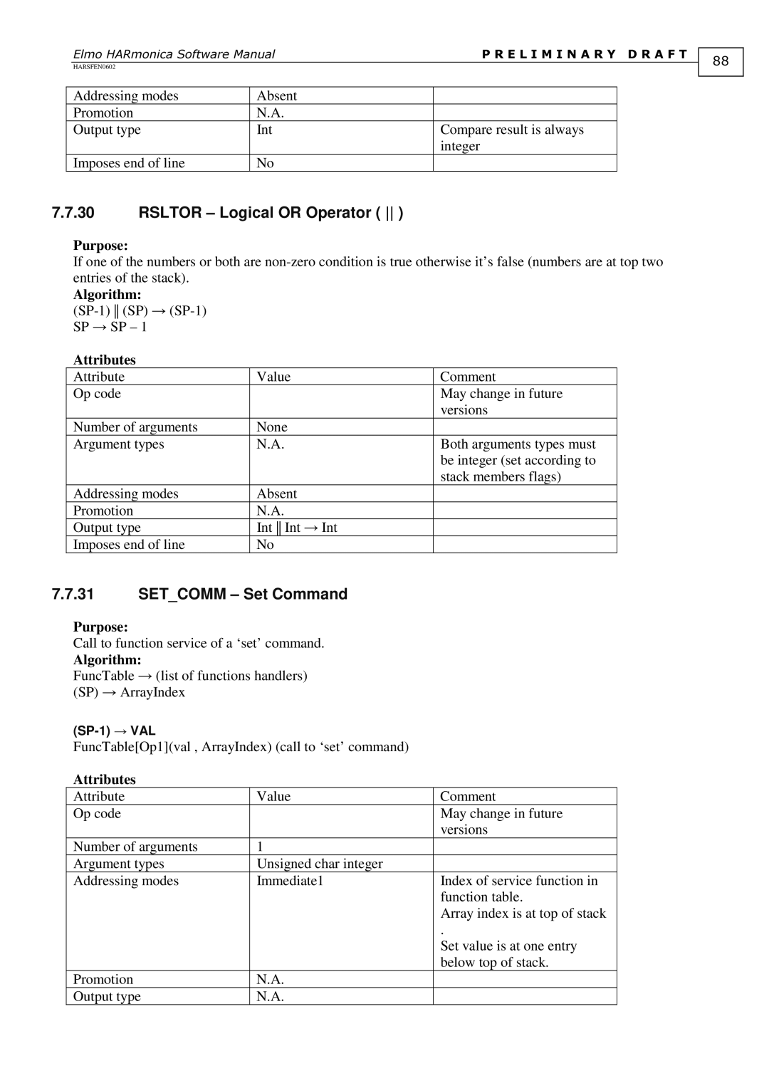 Elmo HARmonica, HARSFEN0602 software manual Rsltor Logical or Operator, Setcomm Set Command 