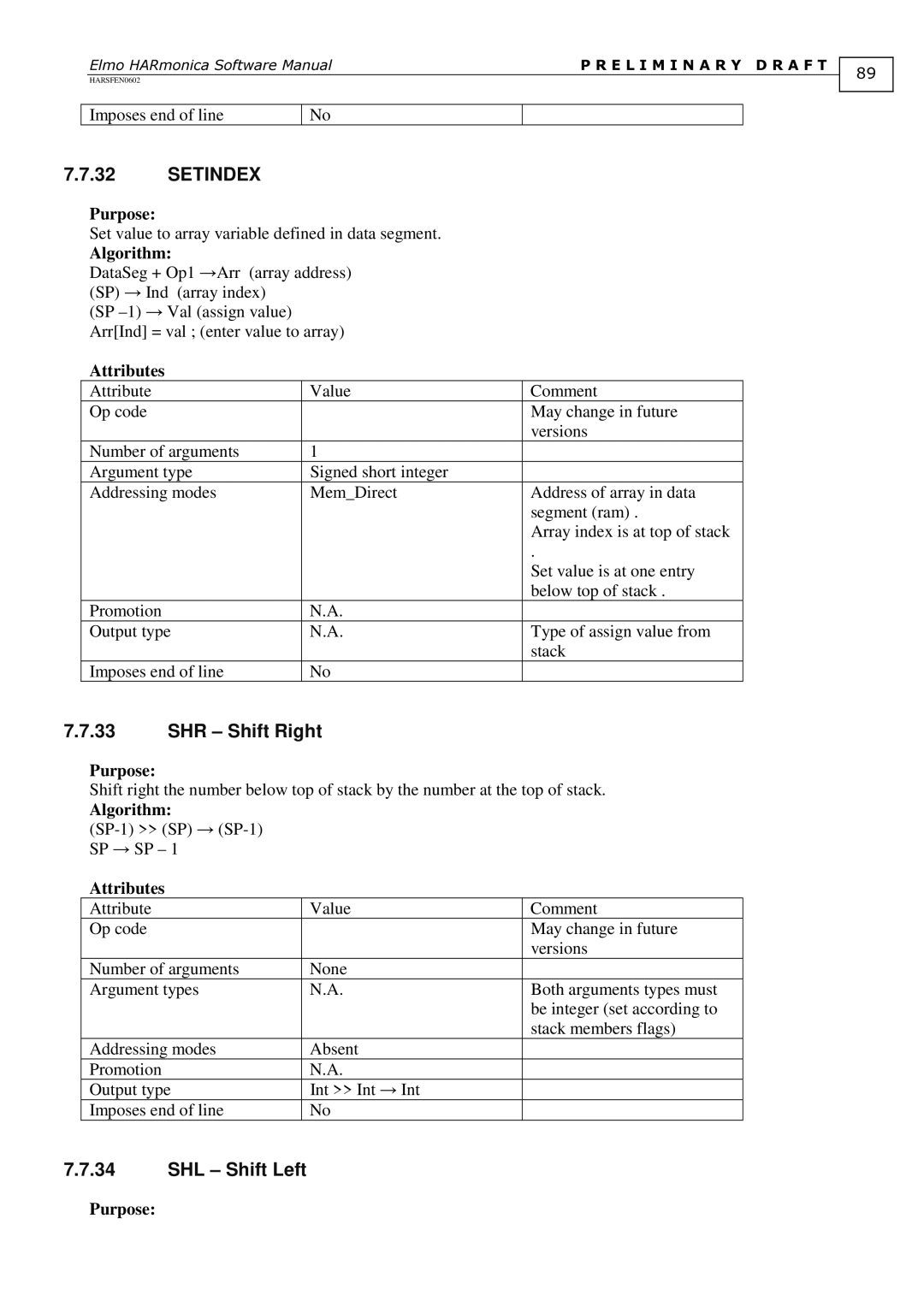 Elmo HARSFEN0602, HARmonica software manual SHR Shift Right, SHL Shift Left 