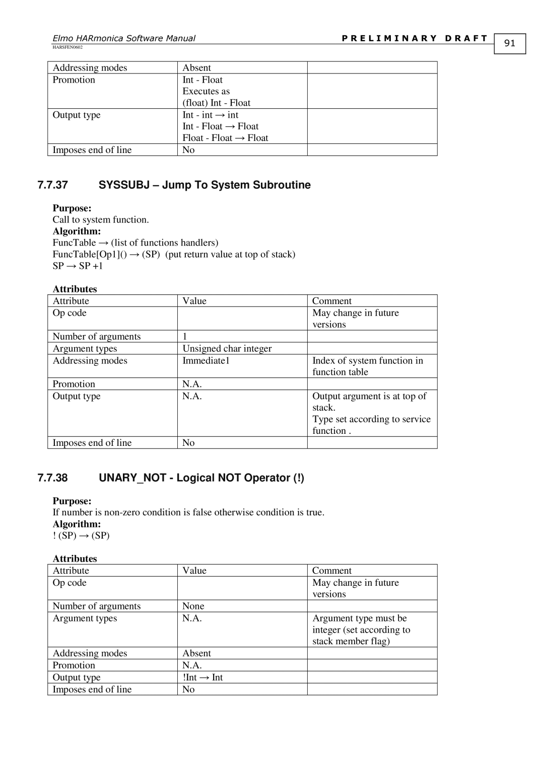 Elmo HARSFEN0602, HARmonica software manual Syssubj Jump To System Subroutine, Unarynot Logical not Operator 